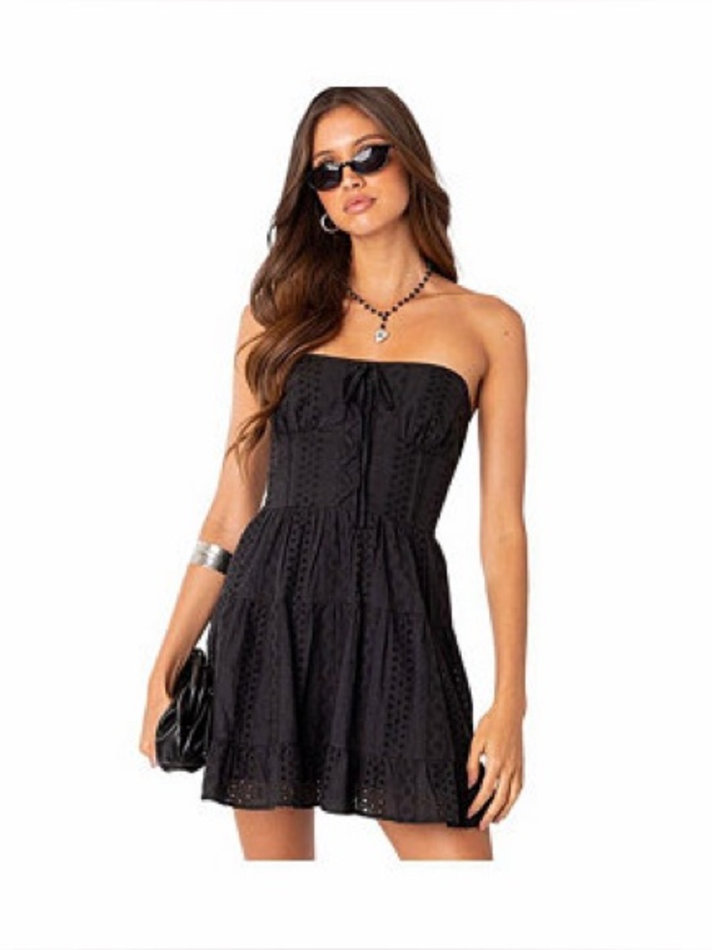 Edikted Sz Small Black Liora Strapless Embroidered Eyelet Cotton Minidress